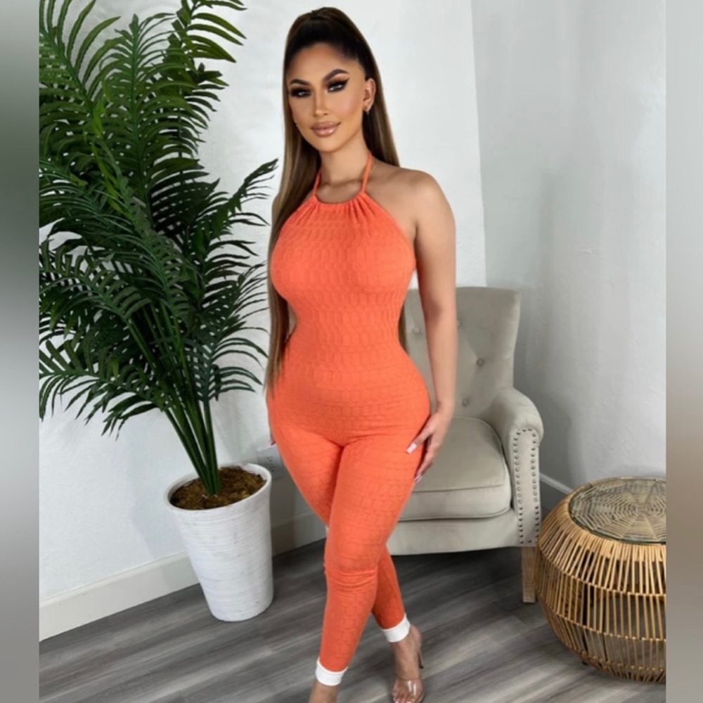 Orange neck tie romper